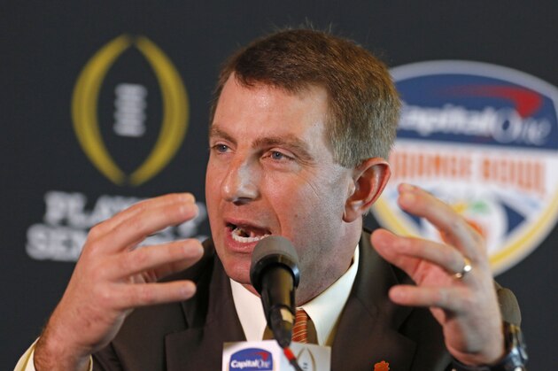 Clemson head coach Dabo Swinney speaks during the media day for the Orange Bowl at Sun Life Stadium Tuesday, Dec. 29, 2015, in Miami Gardens, Fla. Clemson is scheduled to play Oklahoma in the Orange Bowl NCAA college football game on New Year's Eve. (AP Photo/Joe Skipper)