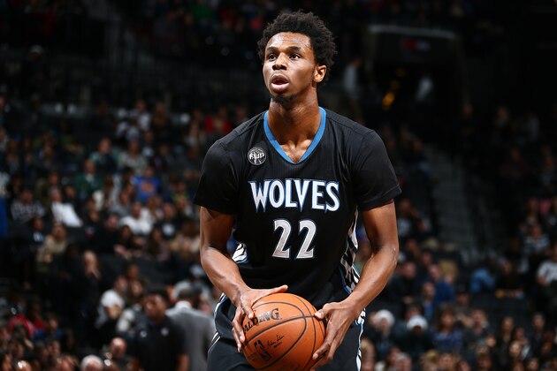 BROOKLYN, NY - DECEMBER 20: Andrew Wiggins #22 of the Minnesota Timberwolves shoots a free throw during the game against the Brooklyn Nets on December 20, 2015 at Barclays Center in Brooklyn, New York. NOTE TO USER: User expressly acknowledges and agrees that, by downloading and or using this Photograph, user is consenting to the terms and conditions of the Getty Images License Agreement. Mandatory Copyright Notice: Copyright 2015 NBAE (Photo by Nathaniel S. Butler/NBAE via Getty Images)