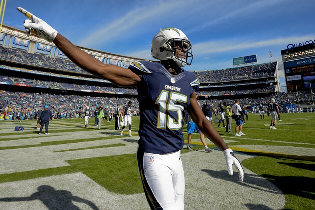 San Diego Chargers wide receiver Dontrelle Inman walks onto the field before an NFL football game against the Miami Dolphins Sunday, Dec. 20, 2015, in San Diego. (AP Photo/Denis Poroy) San Diego Chargers wide receiver Dontrelle Inman walks onto the field before an NFL football game against the Miami Dolphins Sunday, Dec. 20, 2015, in San Diego. (AP Photo/Denis Poroy)