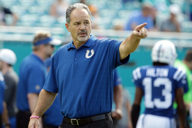Indianapolis Colts head coach Chuck Pagano watches his team warm up before an NFL football game against the Miami Dolphins, Sunday, Dec. 27, 2015, in Miami Gardens, Fla.  (AP Photo/Joe Skipper)
