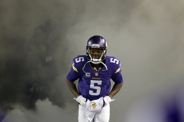 Minnesota Vikings quarterback Teddy Bridgewater (5) runs on the field before an NFL football game against the New York Giants, Sunday, Dec. 27, 2015, in Minneapolis. (AP Photo/Ann Heisenfelt)