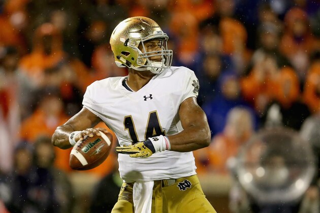 CLEMSON, SC - OCTOBER 03:  DeShone Kizer #14 of the Notre Dame Fighting Irish drops back to pass against the Clemson Tigers during their game at Clemson Memorial Stadium on October 3, 2015 in Clemson, South Carolina.  (Photo by Streeter Lecka/Getty Images)