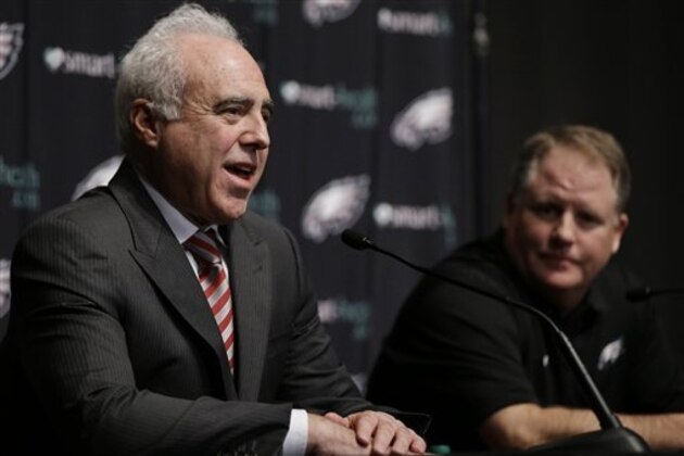 Philadelphia Eagles owner Jeffrey Lurie, left, introduces  Eagles head coach Chip Kelly, right, during a press conference at the team's NFL football training facility, Thursday, Jan. 17, 2013, in Philadelphia.  (AP Photo/Matt Rourke)