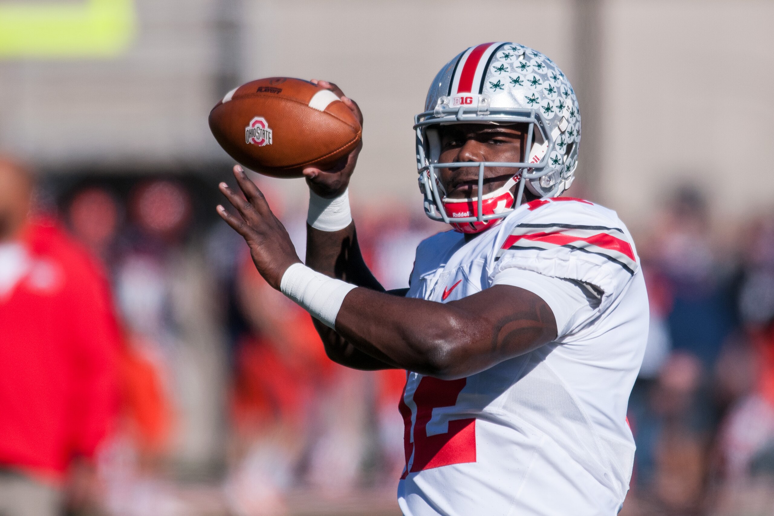 Ohio State quarterback Cardale Jones (12) warms up before an NCAA football game against Illinois Saturday, Nov. 14, 2015 at Memorial Stadium in Champaign, Ill. (AP Photo/Bradley Leeb) Ohio State quarterback Cardale Jones (12) warms up before an NCAA football game against Illinois Saturday, Nov. 14, 2015 at Memorial Stadium in Champaign, Ill. (AP Photo/Bradley Leeb)