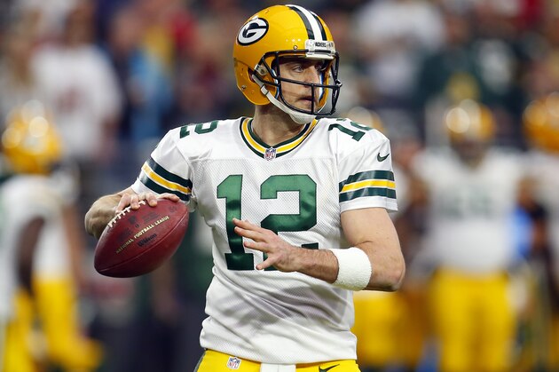 Green Bay Packers quarterback Aaron Rodgers (12) looks to throw a pass against the Arizona Cardinals during an NFL football game, Sunday, Dec. 27, 2015, in Glendale, Ariz. (Jeff Haynes/AP Images for Panini)