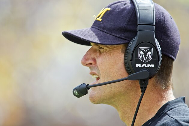 Michigan head coach Jim Harbaugh, wearing a headset, on the sidelines in the third quarter of an NCAA college football game against UNLV in Ann Arbor, Mich., Saturday, Sept. 19, 2015. Michigan won 28-7. (AP Photo/Tony Ding)