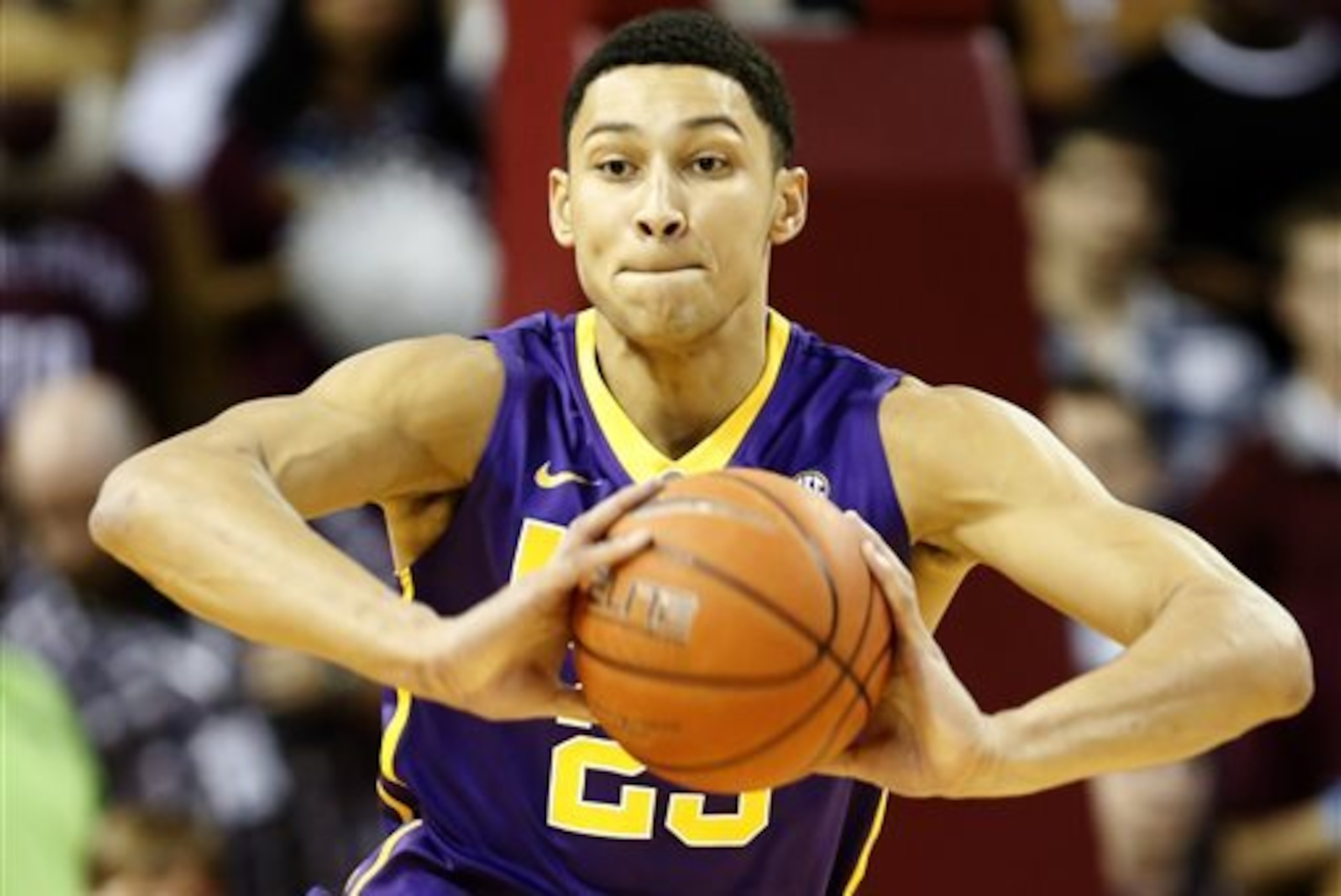 FILE - In this Nov. 30, 2015, file photo, LSU's Ben Simmons looks to pass in the first half against the College of Charleston during an NCAA college basketball game at TD Arena, in Charleston, S.C. LSU freshman forward Ben Simmons has lived up to his recruiting hype so far. His exceptional play through his first seven games gives an indication of what the Tigers might expect as Simmons becomes more comfortable with his teammates and the college game.  (AP Photo/Mic Smith, File)