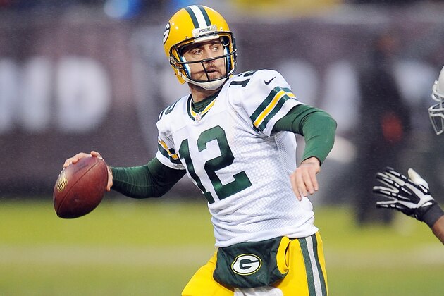 Green Bay Packers quarterback (12) Aaron Rodgers in action during a game against the Oakland Raiders played at O.co Coliseum in Oakland on Sunday, Dec. 20, 2015. (AP Photo/John Cordes)