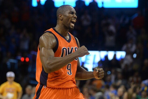 Dec 13, 2015; Oklahoma City, OK, USA; Oklahoma City Thunder forward Serge Ibaka (9) reacts after a play against the Utah Jazz during the fourth quarter at Chesapeake Energy Arena. Mandatory Credit: Mark D. Smith-USA TODAY Sports
