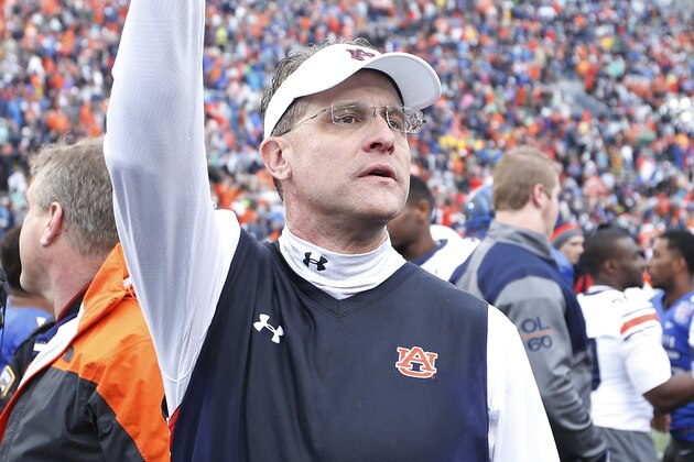 BIRMINGHAM, AL - DECEMBER 30: Head coach Gus Malzahn of the Auburn Tigers celebrates after the Birmingham Bowl against the Memphis Tigers at Legion Field on December 30, 2015 in Birmingham, Alabama. Auburn defeated Memphis 31-10. (Photo by Joe Robbins/Getty Images)