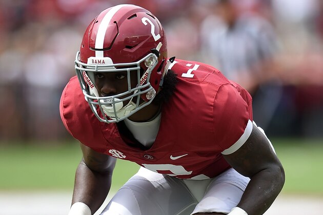 TUSCALOOSA, AL - APRIL 18:  Tony Brown #2 of the Crimson team anticipates a play during the University of Alabama Crimson Tide A-day spring game at Bryant-Denny Stadium on April 18, 2015 in Tuscaloosa, Alabama.  (Photo by Stacy Revere/Getty Images)