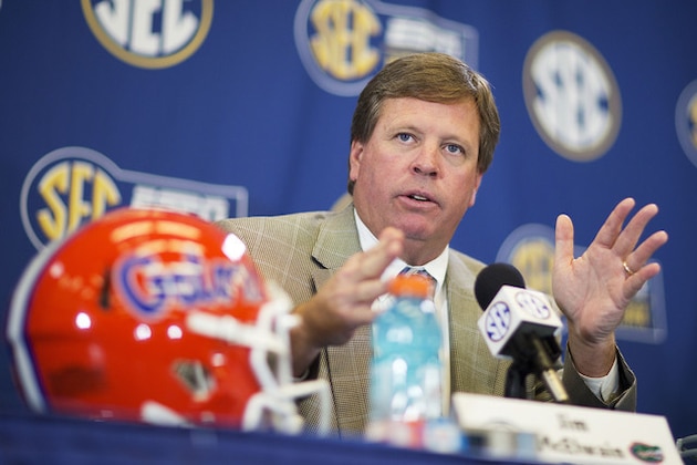 Florida head coach Jim McElwain speaks during a press conference ahead of Saturday's Southeastern Conference championship NCAA college football game against Alabama, Friday, Dec. 4, 2015, in Atlanta. (AP Photo/David Goldman)