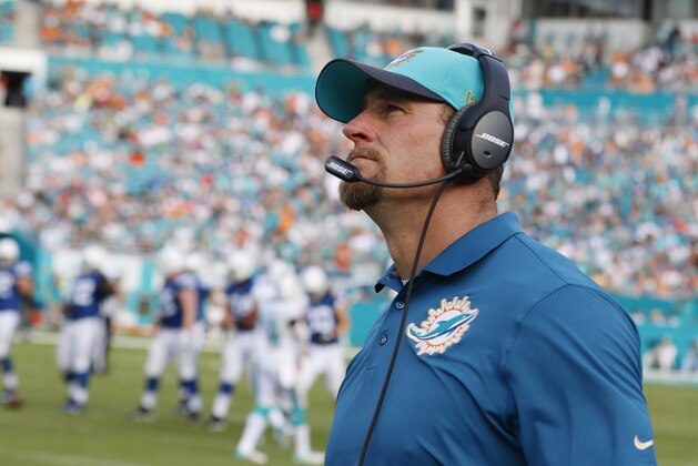 Miami Dolphins interim head coach Dan Campbell looks up during the second half of an NFL football game against the Indianapolis Colts, Sunday, Dec. 27, 2015, in Miami Gardens, Fla.  (AP Photo/Joe Skipper)