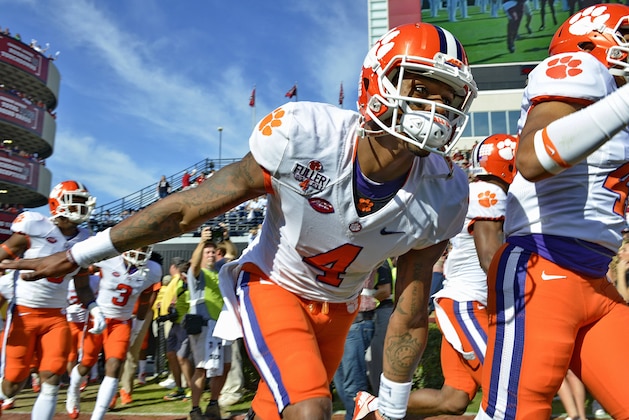 Clemson quarterback Deshaun Watson takes the field before the start of an NCAA college football game against South Carolina Saturday, Nov. 28, 2015, in Columbia, S.C. Clemson won 37-32. (AP Photo/Richard Shiro)