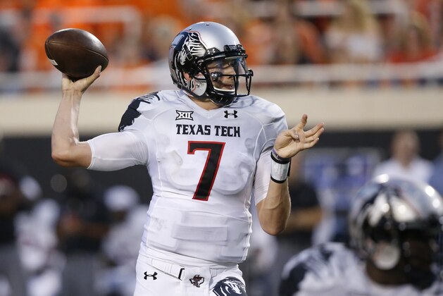Texas Tech quarterback Davis Webb (7) is pictured during an NCAA college football game between Texas Tech and Oklahoma State in Stillwater, Okla., Thursday, Sept. 25, 2014. (AP Photo/Sue Ogrocki)
