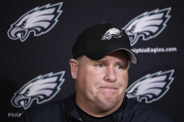 In this Monday, Dec. 28, 2015 photo, Philadelphia Eagles head coach Chip Kelly listens to a question during a news conference at the NFL football team's practice facility in Philadelphia. The Eagles fired Kelly with one game left in his third season, dumping the coach after missing the playoffs in consecutive years. Kelly was released Tuesday, Dec. 29, 2015 just before the end of a disappointing season that began with Super Bowl expectations. (AP Photo/Matt Rourke)