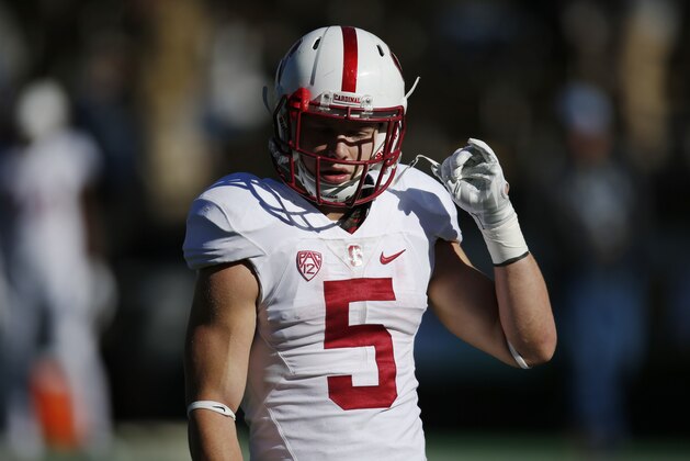 Stanford Cardinal running back Christian McCaffrey (5) in the first half of an NCAA football game Saturday, Nov. 7, 2015, in Boulder, Colo. (AP Photo/David Zalubowski)