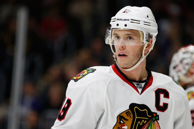 LOS ANGELES, CA - NOVEMBER 28:  Jonathan Toews #19 of the Chicago Blackhawks waits for play to begin during a game against the Los Angeles Kings  at Staples Center on November 28, 2015 in Los Angeles, California.  (Photo by Sean M. Haffey/Getty Images)