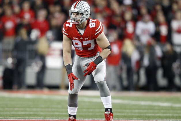 Ohio State lineman Joey Bosa is seen   during an NCAA college football game against Minnesota Saturday, Nov. 7, 2015, in Columbus, Ohio. Ohio State beat Minnesota 28-14. (AP Photo/Paul Vernon)
