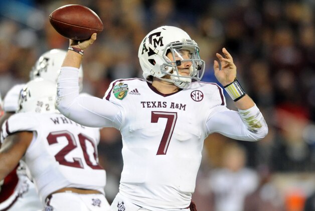 Dec 30, 2015; Nashville, TN, USA; Texas A&M Aggies quarterback Jake Hubenak (7) drops back to pass during the first half against the Louisville Cardinals in the 2015 Music City Bowl at Nissan Stadium. Mandatory Credit: Christopher Hanewinckel-USA TODAY Sports