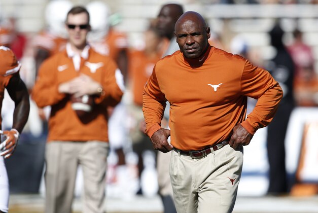 Oct 10, 2015; Dallas, TX, USA; Texas Longhorns head coach Charlie Strong prior to the game against the Oklahoma Sooners during Red River rivalry at Cotton Bowl Stadium. Mandatory Credit: Matthew Emmons-USA TODAY Sports