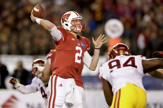 Wisconsin quarterback Joel Stave (2) throws a pass against Southern California during the first half of the Holiday Bowl NCAA college football game Wednesday, Dec. 30, 2015, in San Diego. (AP Photo/Gregory Bull)