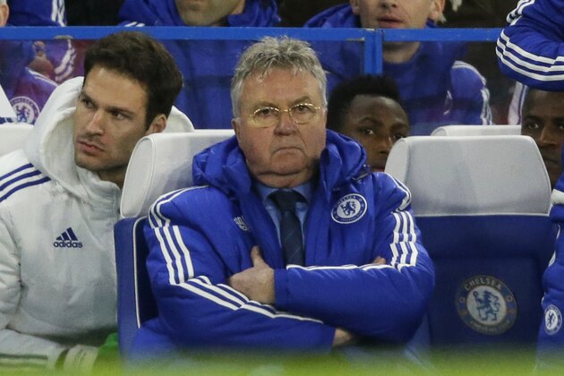 Chelsea's manager until the end of the season Guus Hiddink watches during the English Premier League soccer match between Chelsea and Watford at Stamford Bridge stadium in London, Saturday, Dec. 26, 2015.  (AP Photo/Matt Dunham)