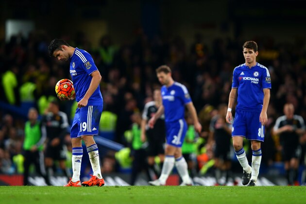 LONDON, ENGLAND - DECEMBER 26: Diego Costa, Branislav Ivanovic and Oscar of Chelsea show their dejection after conceding a goal during the Barclays Premier League match between Chelsea and Watford at Stamford Bridge on December 26, 2015 in London, England. (Photo by Clive Rose/Getty Images) LONDON, ENGLAND - DECEMBER 26: Diego Costa, Branislav Ivanovic and Oscar of Chelsea show their dejection after conceding a goal during the Barclays Premier League match between Chelsea and Watford at Stamford Bridge on December 26, 2015 in London, England. (Photo by Clive Rose/Getty Images)
