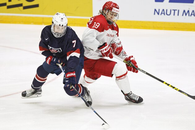 Matthew Tkachuk of the U.S, left, escapes from Denmark's Nikolaj Krag during the 2016 IIHF World Junior U20 Ice Hockey Championships tournament match between Denmark and USA in Helsinki, Finland, Thursday, Dec. 31, 2015. (Roni Rekomaa/Lehtikuva via AP) FINLAND OUT Matthew Tkachuk of the U.S, left, escapes from Denmark's Nikolaj Krag during the 2016 IIHF World Junior U20 Ice Hockey Championships tournament match between Denmark and USA in Helsinki, Finland, Thursday, Dec. 31, 2015. (Roni Rekomaa/Lehtikuva via AP) FINLAND OUT