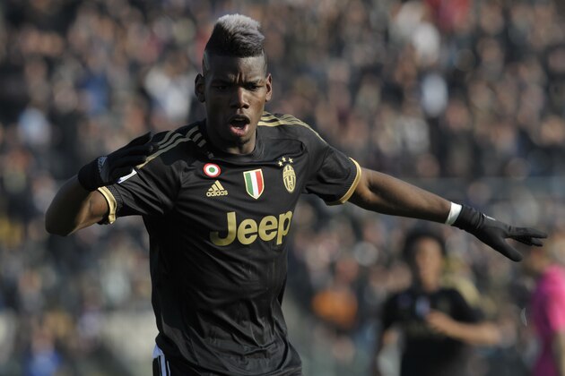 Juventus’ Paul Pogba celebrates after scoring a goal during a Serie A soccer match against Carpi, at Modena's Braglia stadium, Italy, Sunday, Dec. 20, 2015. (AP Photo/Marco Vasini)