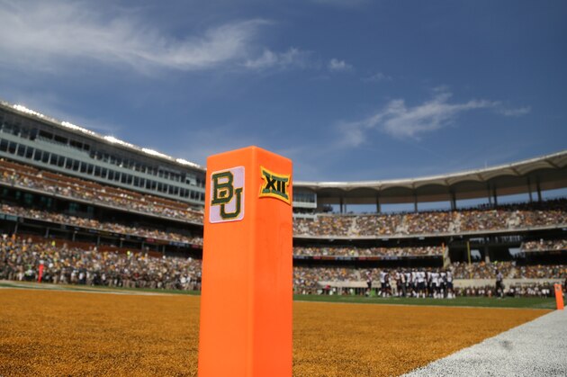 An end zone marker at McLane Stadium before the Baylor West Virginia matchup at an NCAA college football game, Saturday, Oct 17, 2015, in Waco, Texas. (AP Photo/Rod Aydelotte)