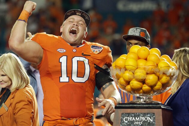 Clemson linebacker Ben Boulware (10) cheers during the award presentation after his team won the Orange Bowl NCAA college football semifinal playoff game against Oklahoma, Thursday, Dec. 31, 2015, in Miami Gardens, Fla. Clemson defeated Oklahoma 37-17. (AP Photo/Lynne Sladky)