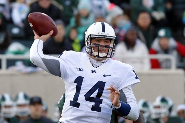 Penn State quarterback Christian Hackenberg throws a pass during the first quarter of an NCAA college football game against Michigan State, Saturday, Nov. 28, 2015, in East Lansing, Mich. (AP Photo/Al Goldis)