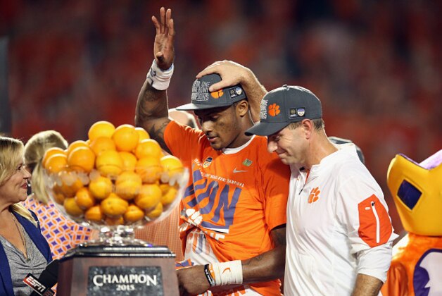 MIAMI GARDENS, FL - DECEMBER 31:  Deshaun Watson #4 of the Clemson Tigers and head coach Dabo Swinney celebrate defeating the Oklahoma Sooners with a score of 37 to 17 to win the 2015 Capital One Orange Bowl at Sun Life Stadium on December 31, 2015 in Miami Gardens, Florida.  (Photo by Andy Lyons/Getty Images)
