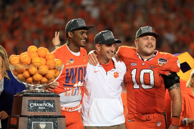 MIAMI GARDENS, FL - DECEMBER 31:  (L-R) Deshaun Watson #4 of the Clemson Tigers, head coach Dabo Swinney, and Ben Boulware #10 celebrate defeating the Oklahoma Sooners with a score of 37 to 17 to win the 2015 Capital One Orange Bowl at Sun Life Stadium on December 31, 2015 in Miami Gardens, Florida.  (Photo by Rob Foldy/Getty Images)