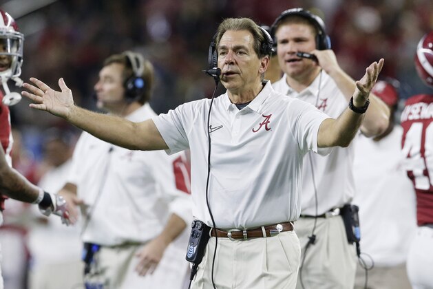 Alabama head coach Nick Saban cheers his players during the second half of the Cotton Bowl NCAA college football semifinal playoff game against Michigan State, Thursday, Dec. 31, 2015, in Arlington, Texas. (AP Photo/LM Otero)