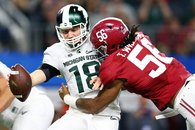 ARLINGTON, TX - DECEMBER 31:  Tim Williams #56 of the Alabama Crimson Tide sacks Connor Cook #18 of the Michigan State Spartans in the second half during the Goodyear Cotton Bowl at AT&T Stadium on December 31, 2015 in Arlington, Texas.  (Photo by Ronald Martinez/Getty Images)