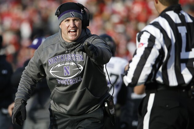 Northwestern head coach Pat Fitzgerald reacts to a call during the first half of an NCAA college football game against Wisconsin Saturday, Nov. 21, 2015, in Madison, Wis. (AP Photo/Morry Gash)