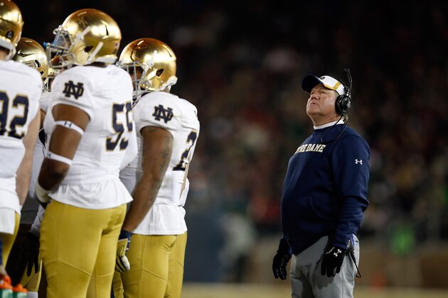PALO ALTO, CA - NOVEMBER 28:  Head coach Brian Kelly of the Notre Dame Fighting Irish  stands on the sidelines during their game against the Stanford Cardinal at Stanford Stadium on November 28, 2015 in Palo Alto, California.  (Photo by Ezra Shaw/Getty Images)