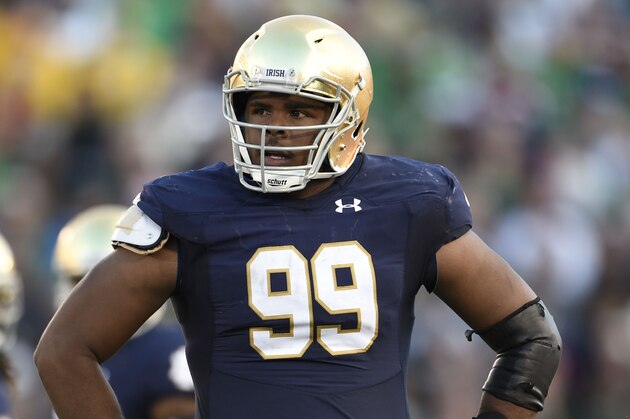 Sep 19, 2015; South Bend, IN, USA; Notre Dame Fighting Irish defensive lineman Jerry Tillery (99) against the Georgia Tech Yellow Jackets at Notre Dame Stadium. Mandatory Credit: RVR Photos-USA TODAY Sports
