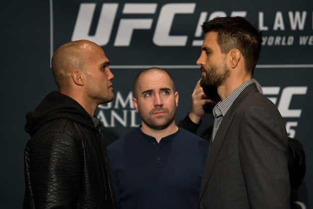 LAS VEGAS, NEVADA - DECEMBER 31:  (L-R) UFC welterweight champion Robbie Lawler and Carlos Condit face off during the Ultimate Media Day at the MGM Grand Hotel/Casino on December 31, 2015 in Las Vegas Nevada. (Photo by Brandon Magnus/Zuffa LLC/Zuffa LLC via Getty Images)