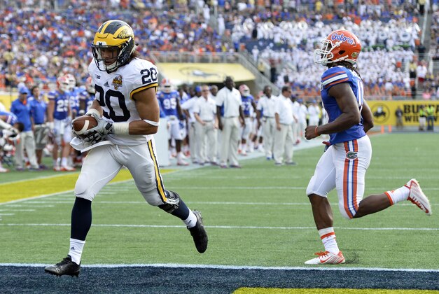Jan 1, 2016; Orlando, FL, USA;  Michigan Wolverines running back Drake Johnson (20) runs in for a touchdown during the fourth quarter  against the Florida Gators in the 2016 Citrus Bowl at Orlando Citrus Bowl Stadium. Mandatory Credit: Tommy Gilligan-USA TODAY Sports