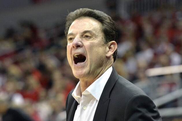 Louisville head coach Rick Pitino shouts instructions to his team during the second half of an NCAA college basketball game against Western Kentucky, Saturday, Dec. 19, 2015, in Louisville, Ky. Louisville won 78-56. (AP Photo/Timothy D. Easley)