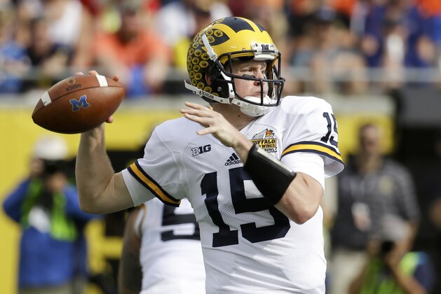 Michigan quarterback Jake Rudock (15) throws a pass against Florida during the first half of the Citrus Bowl NCAA college football game, Friday, Jan. 1, 2016, in Orlando, Fla. (AP Photo/John Raoux)