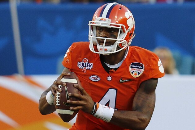 Clemson quarterback Deshaun Watson (4) looks to pass during the first half of the Orange Bowl NCAA college football semifinal playoff game against Oklahoma Thursday, Dec. 31, 2015, in Miami Gardens, Fla. (AP Photo/Joe Skipper)