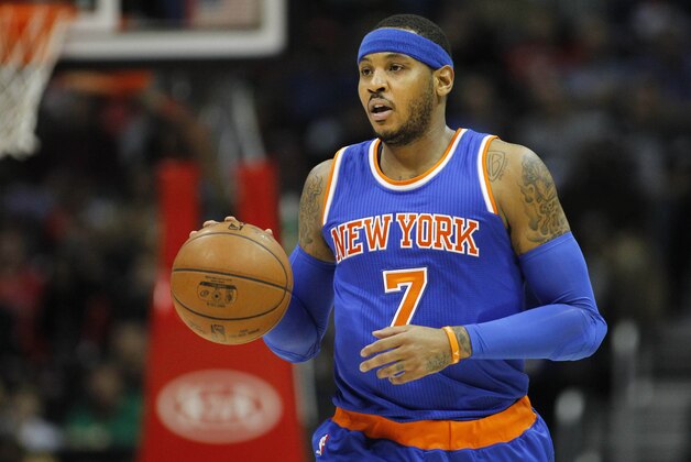 Dec 26, 2015; Atlanta, GA, USA; New York Knicks forward Carmelo Anthony (7) dribbles the ball against the Atlanta Hawks in the first quarter at Philips Arena. Mandatory Credit: Brett Davis-USA TODAY Sports