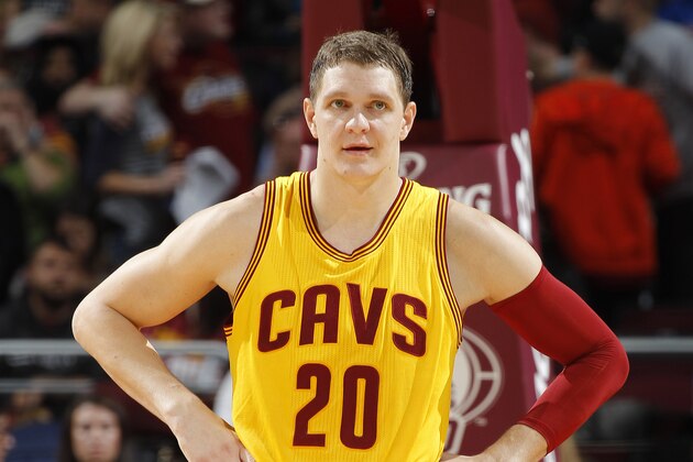 CLEVELAND, OH - OCTOBER 15: Timofey Mozgov #20 of the Cleveland Cavaliers looks on during the game against the Indiana Pacers on October 15, 2015 at Quicken Loans Arena in Cleveland, Ohio. NOTE TO USER: User expressly acknowledges and agrees that, by downloading and or using this Photograph, user is consenting to the terms and condition of the Getty Images License Agreement. (Photo by Rocky Widner/Getty Images)