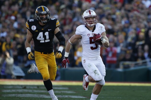 Stanford running back Christian McCaffrey, right, scors past Iowa linebacker Bo Bower during the first half of the Rose Bowl NCAA college football game, Friday, Jan. 1, 2016, in Pasadena, Calif. (AP Photo/Lenny Ignelzi)