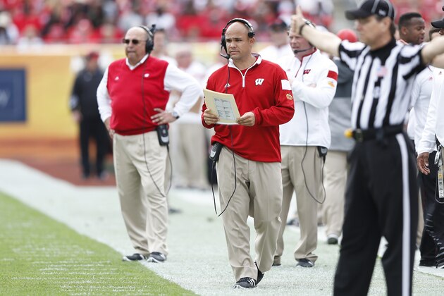TAMPA, FL - JANUARY 1: Defensive coordinator Dave Aranda of the Wisconsin Badgers looks on against the Auburn Tigers during the Outback Bowl at Raymond James Stadium on January 1, 2015 in Tampa, Florida. Wisconsin defeated Auburn 34-31 in overtime. (Photo by Joe Robbins/Getty Images)