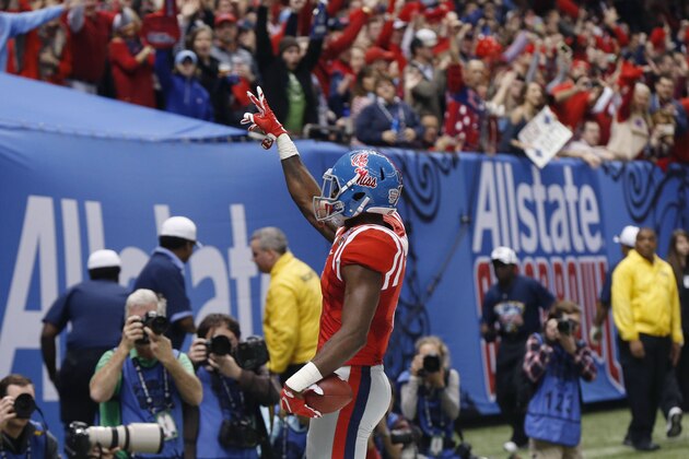 Mississippi wide receiver Laquon Treadwell (1) celebrates his touchdown reception in the first half of the Sugar Bowl college football game against Oklahoma State in New Orleans, Friday, Jan. 1, 2016. (AP Photo/Bill Feig)